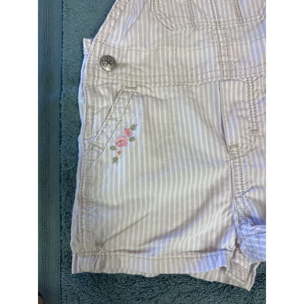 OshKosh Bgosh Girls Purple Hickory Stripe Floral Embroidered Shortalls 18M